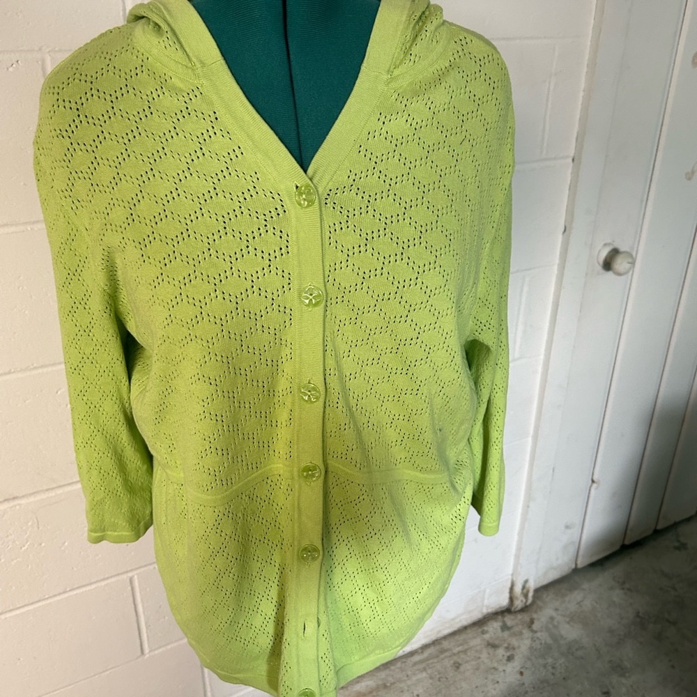 CJ Banks Lime Green Hooded Eyelet Knit Cardigan Beach Cover Up size 1X